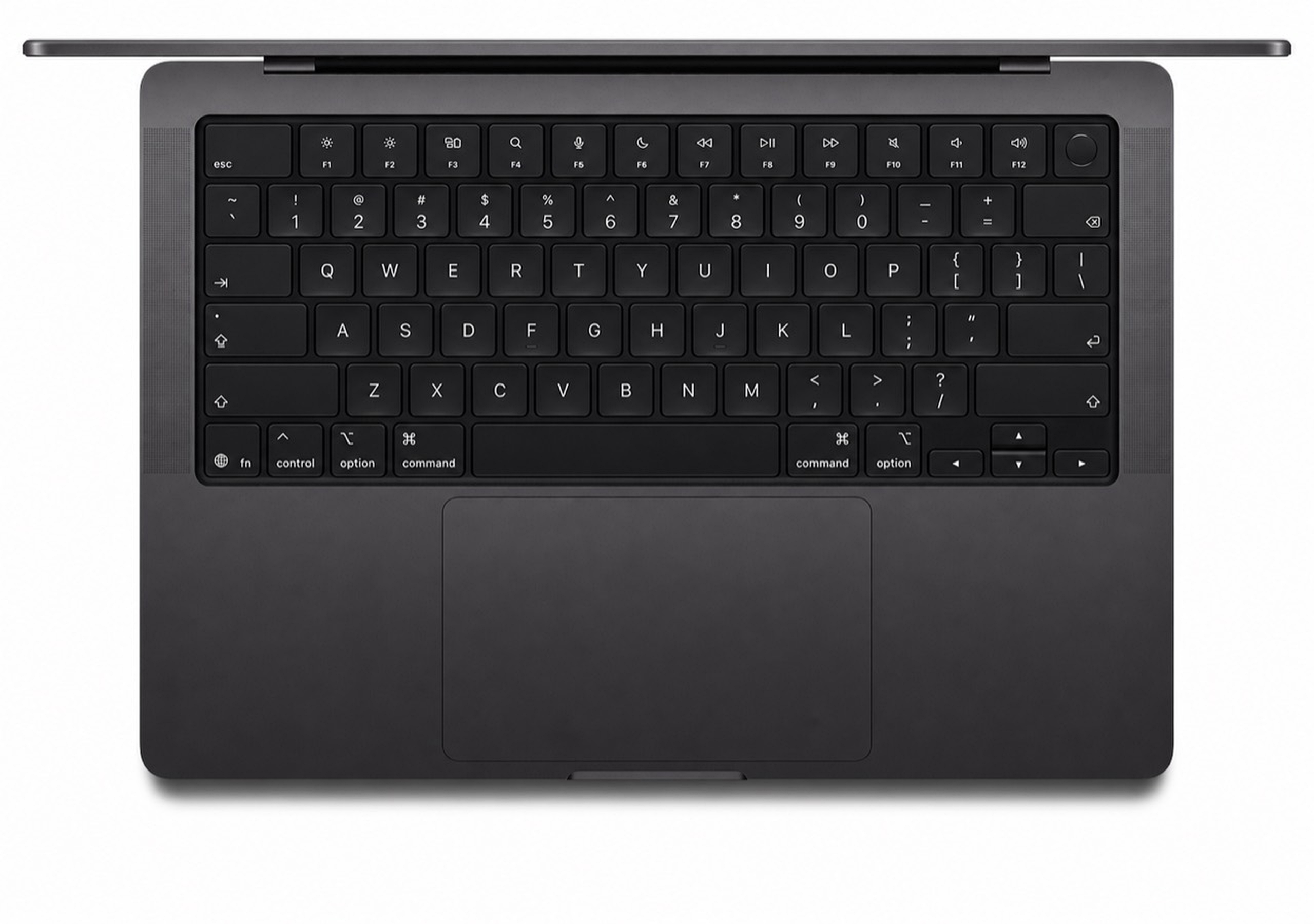 黑色 MacBook 俯视产品图，完整键盘、掌托和触控板清晰可见