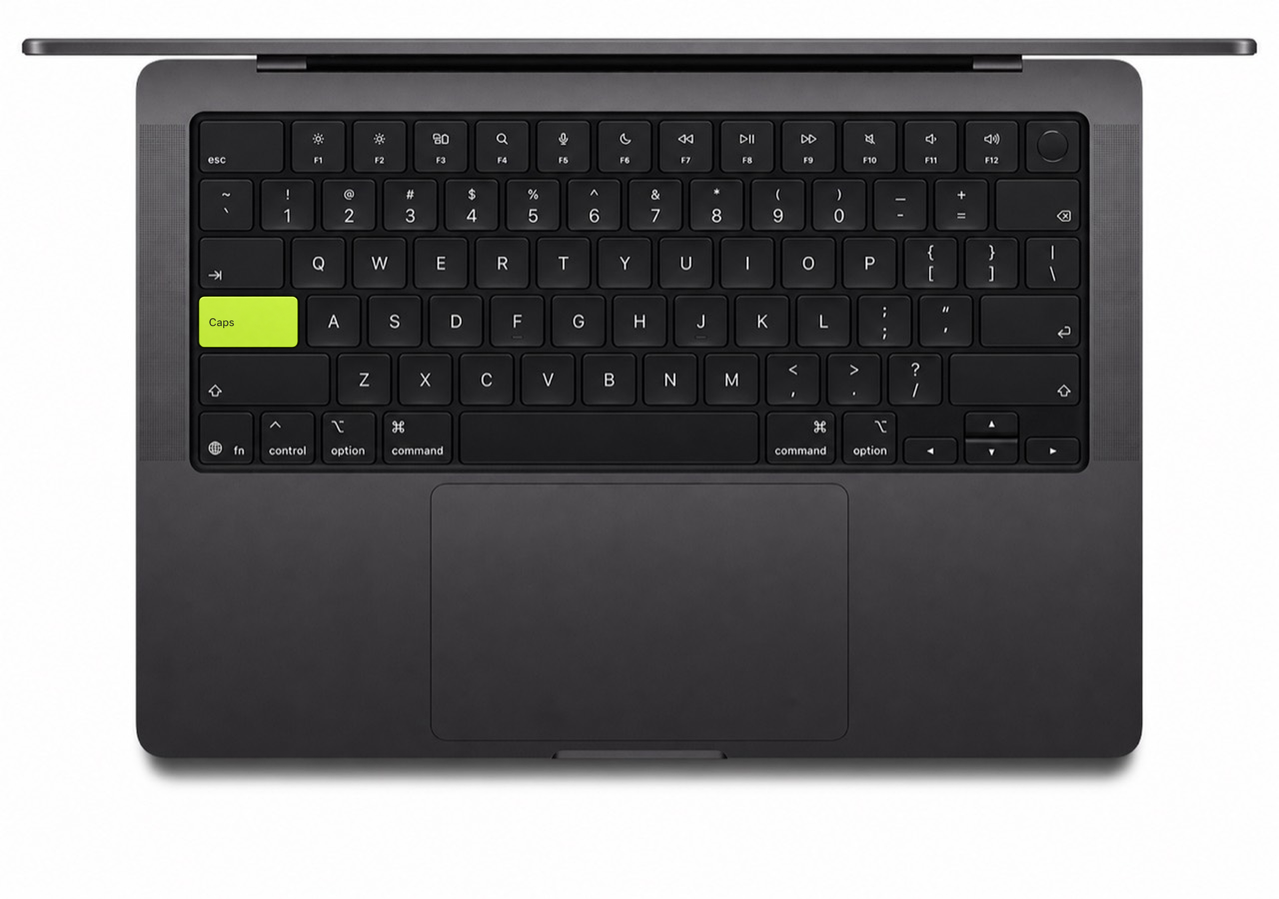 黑色 MacBook 俯视产品图，绿色 Caps 键与完整键盘、掌托和触控板清晰可见