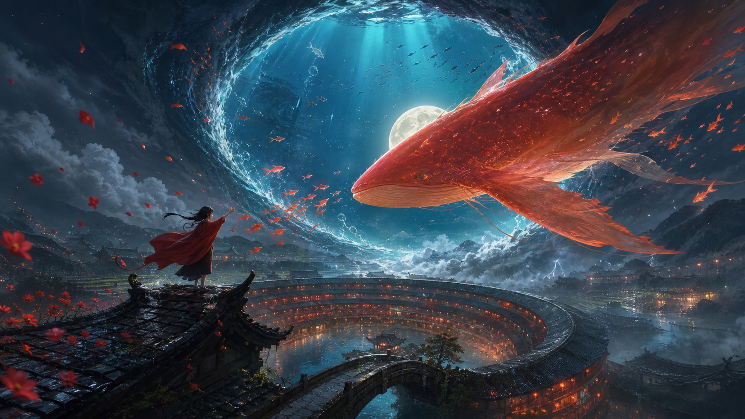 《海天之门》4K 关键画面：红衣少女站在土楼屋脊，面对穿过海天之门的巨大红色鲲